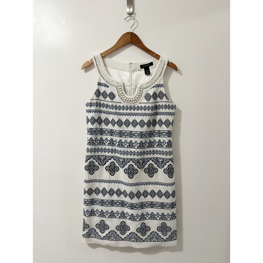 White House Black Market White Blue Beaded Sleeveless Dress 4 Beach Resort